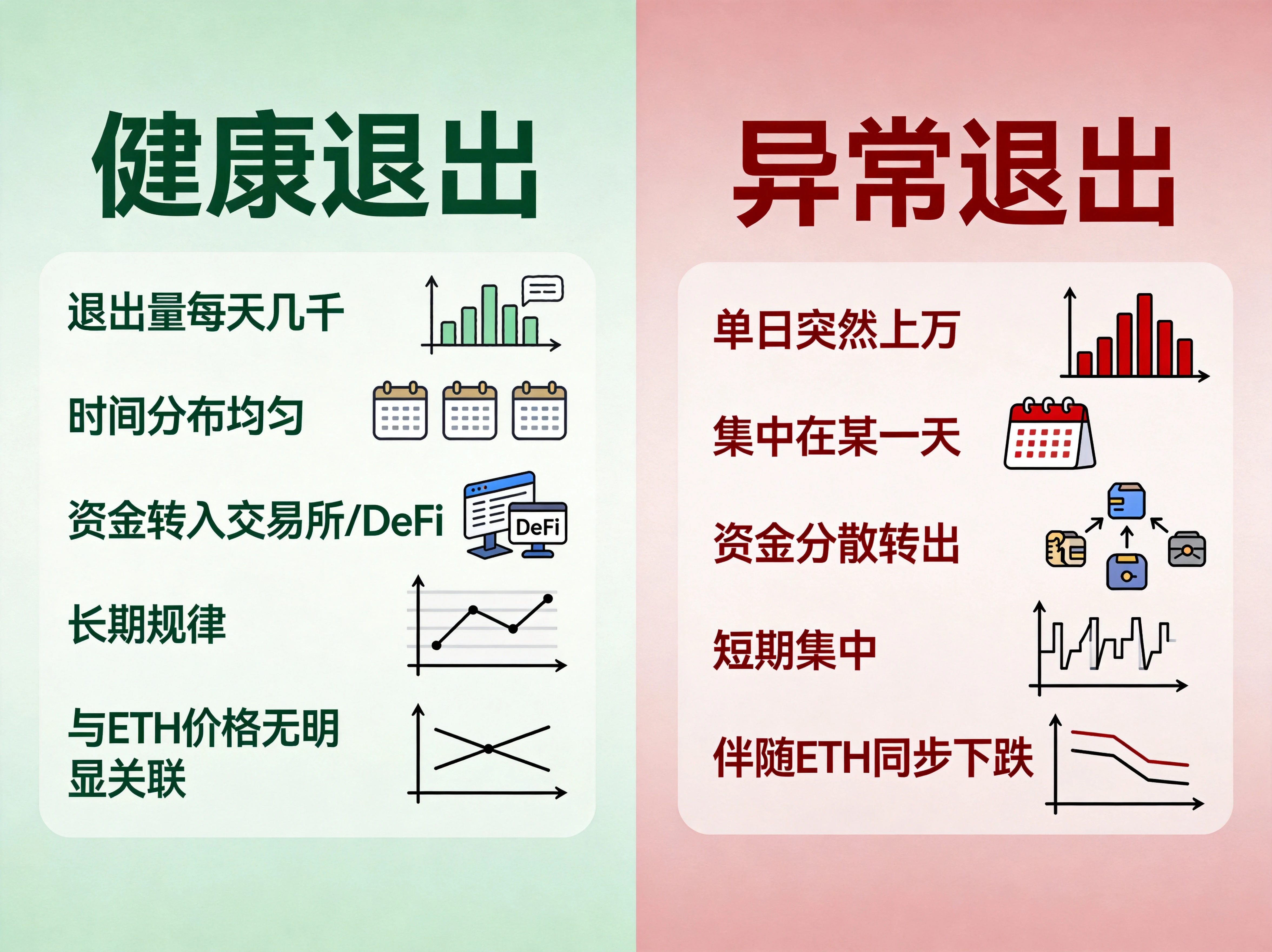 左右对比信息图,左侧绿色系展示"健康退出"的五大特征(退出量每天几千、时间分布均匀、资金转入交易所/DeFi、长期规律、与ETH价格无明显关联),右侧红色系展示"异常退出"的五大特征(单日突然上万、集中在某一天、资金分散转出、短期集中、伴随ETH同步下跌) 左右对比信息图,左侧绿色系展示"健康退出"的五大特征(退出量每天几千、时间分布均匀、资金转入交易所/DeFi、长期规律、与ETH价格无明显关联),右侧红色系展示"异常退出"的五大特征(单日突然上万、集中在某一天、资金分散转出、短期集中、伴随ETH同步下跌)