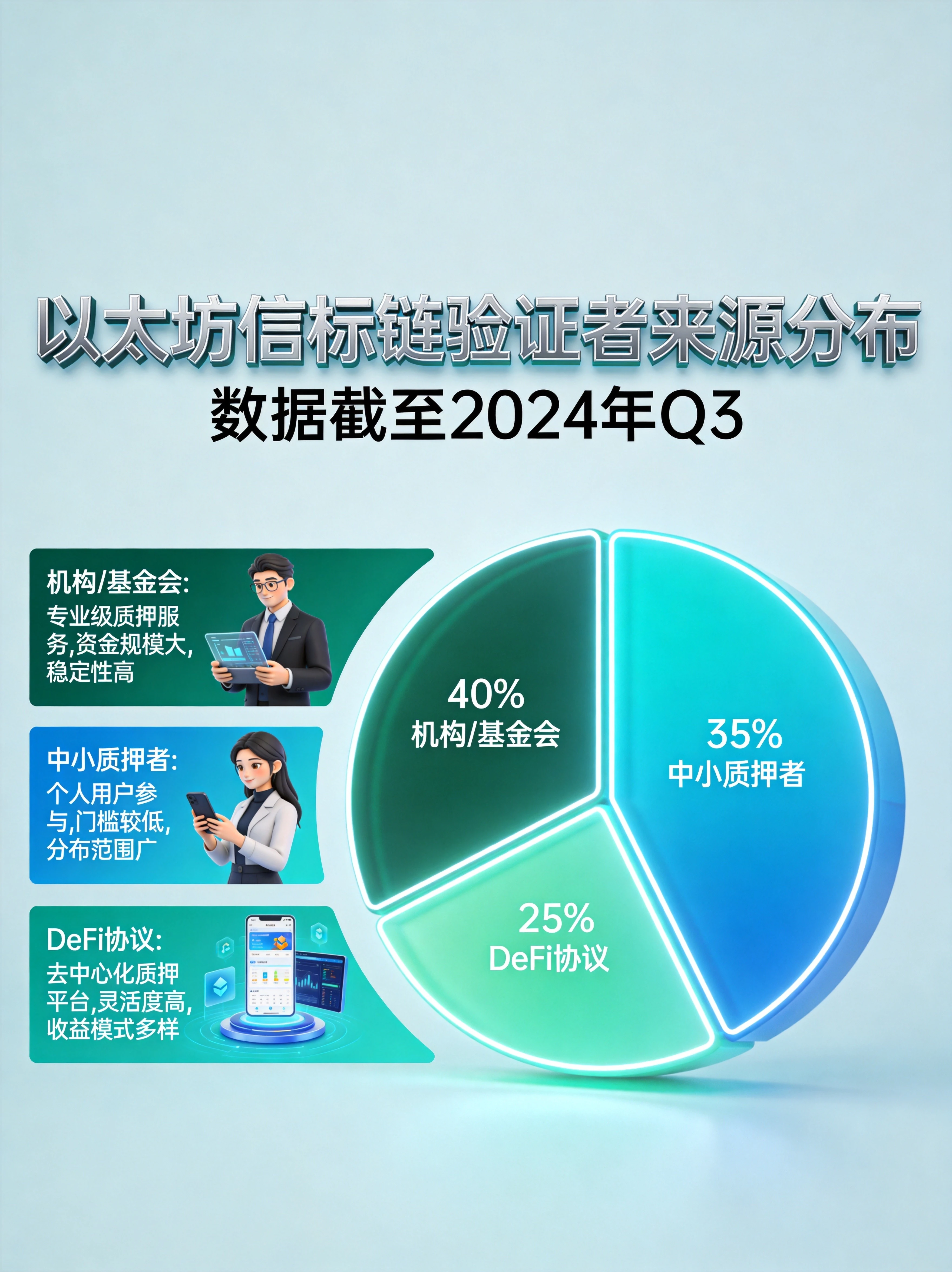 :蓝绿色科技风格以太坊信标链验证者来源分布信息图,饼图形式展示三大类来源占比:机构/基金会40%、中小质押者35%、DeFi协议25%,配有各类别的特征说明 :蓝绿色科技风格以太坊信标链验证者来源分布信息图,饼图形式展示三大类来源占比:机构/基金会40%、中小质押者35%、DeFi协议25%,配有各类别的特征说明